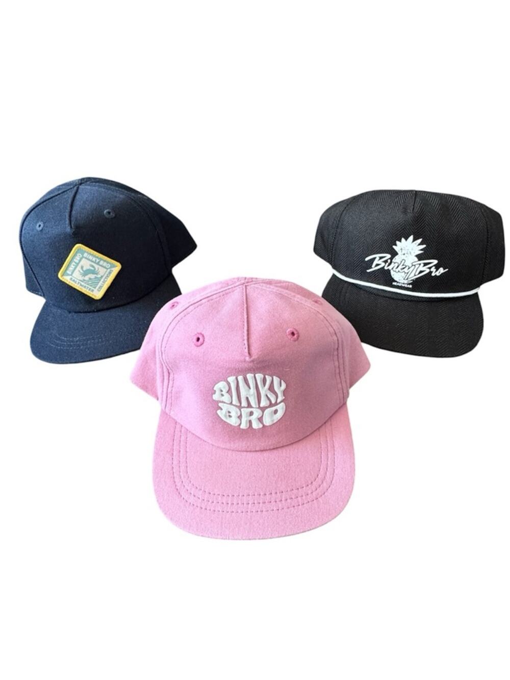 Binky Bro (3) Infant Snapback Caps Pink Logo Cap Navy Cap & Black Pineapple Cap